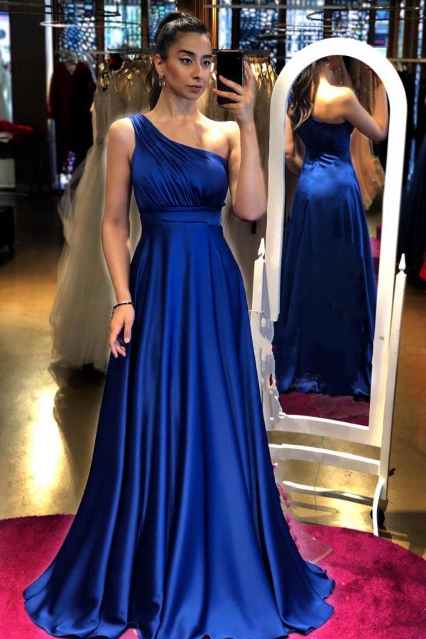 Robe de bal longue en satin élégante, coupe trapèze, à une épaule