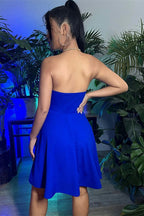 Elegantes vestidos de fiesta de bienvenida en azul real, sin mangas y corte en A