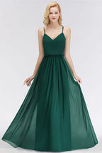 Elegantes A-Linien Spaghetti-Chiffon-Kleid für Brautjungfern, Abend-Maxikleid mit V-Ausschnitt