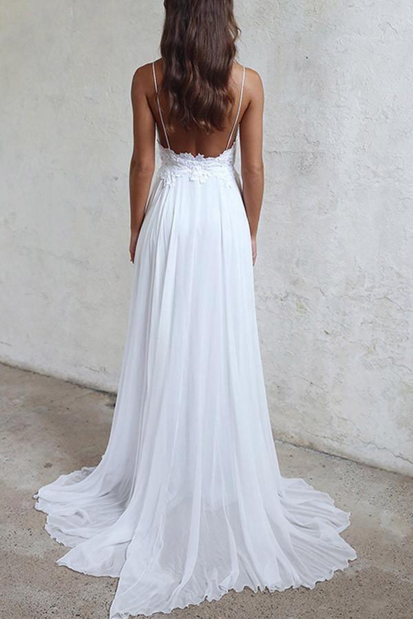 Elegant A-line Straps White Long Chiffon Beach Wedding Dress