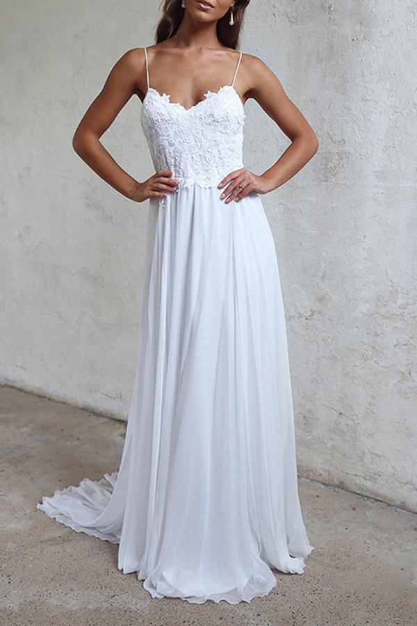 Elegantes A-Linie Träger Weiß Langes Chiffon Strand Brautkleid