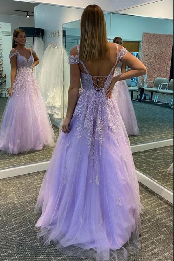 Robe de bal longue dos nu en tulle et dentelle, ligne A élégante, décolleté cœur