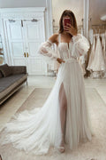 Elegant A-line Tull Lace Split Wedding Dress With Sleeves