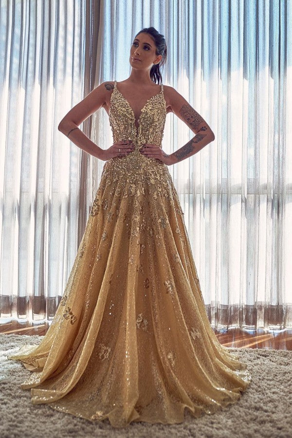 Robe de bal longue élégante en dentelle avec appliques, sequins, en ligne A et col en V