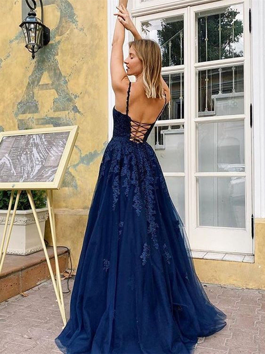 Robes de bal longues élégantes en dentelle, coupe trapèze, col en V, dos nu, bleu marine foncé, robes de soirée formelles