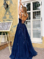Robes de bal longues élégantes en dentelle, coupe trapèze, col en V, dos nu, bleu marine foncé, robes de soirée formelles