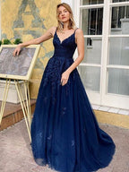 Robes de bal longues élégantes en dentelle, coupe trapèze, col en V, dos nu, bleu marine foncé, robes de soirée formelles