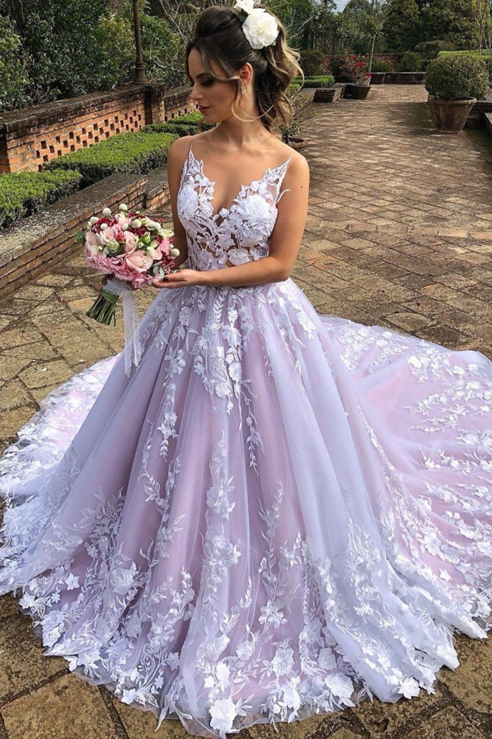 Elegant A-line V Neck Lace Open Back Long Prom Formal Evening Dresses