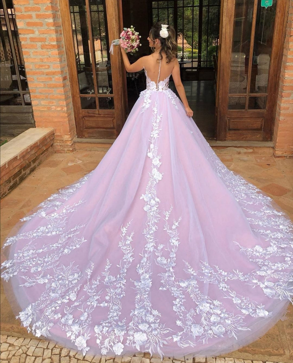 Vestidos de noite formais longos elegantes com decote em V, renda, costas abertas e corte evasê