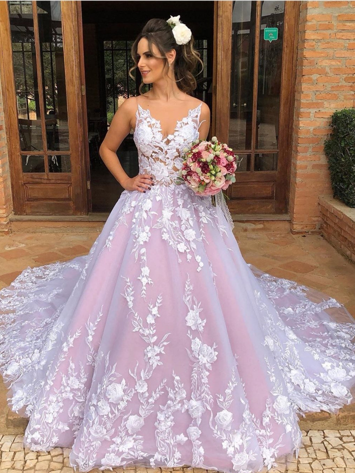 Vestidos de noite formais longos elegantes com decote em V, renda, costas abertas e corte evasê