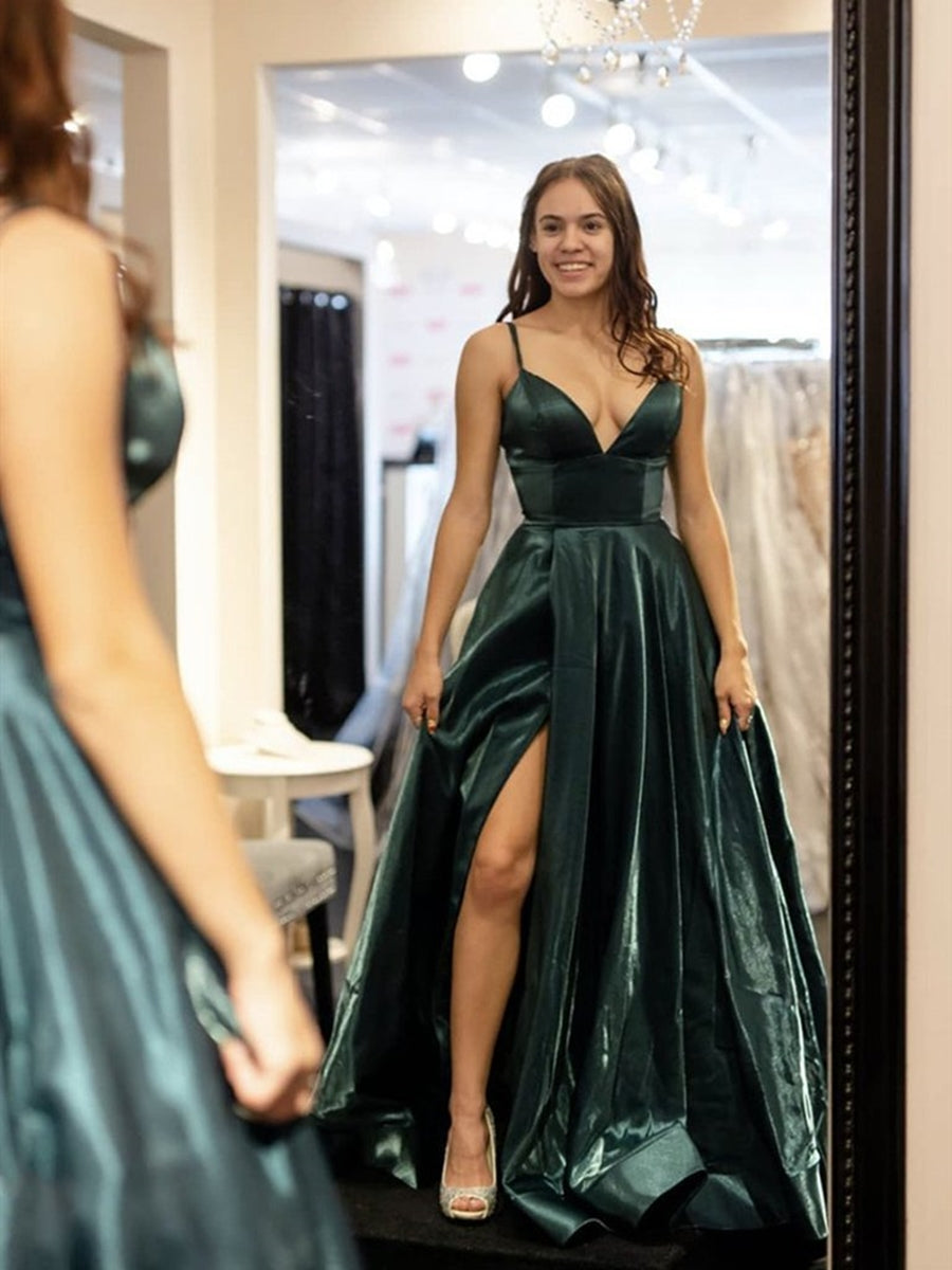 Robes de bal de fin d'études longues élégantes en ligne A à encolure en V avec fente haute