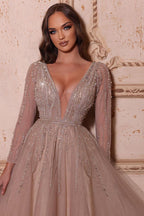 Vestido de cerimónia elegante em linha A com decote em V, mangas compridas e bordados de contas