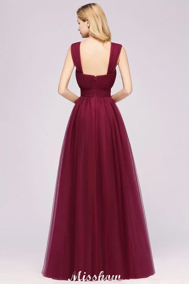 Vestido de noite longo elegante em tule sem mangas com corte em linha A, cor bordô, com alças, vestido para damas de honor
