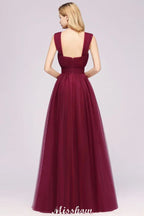 Vestido de noite longo elegante em tule sem mangas com corte em linha A, cor bordô, com alças, vestido para damas de honor