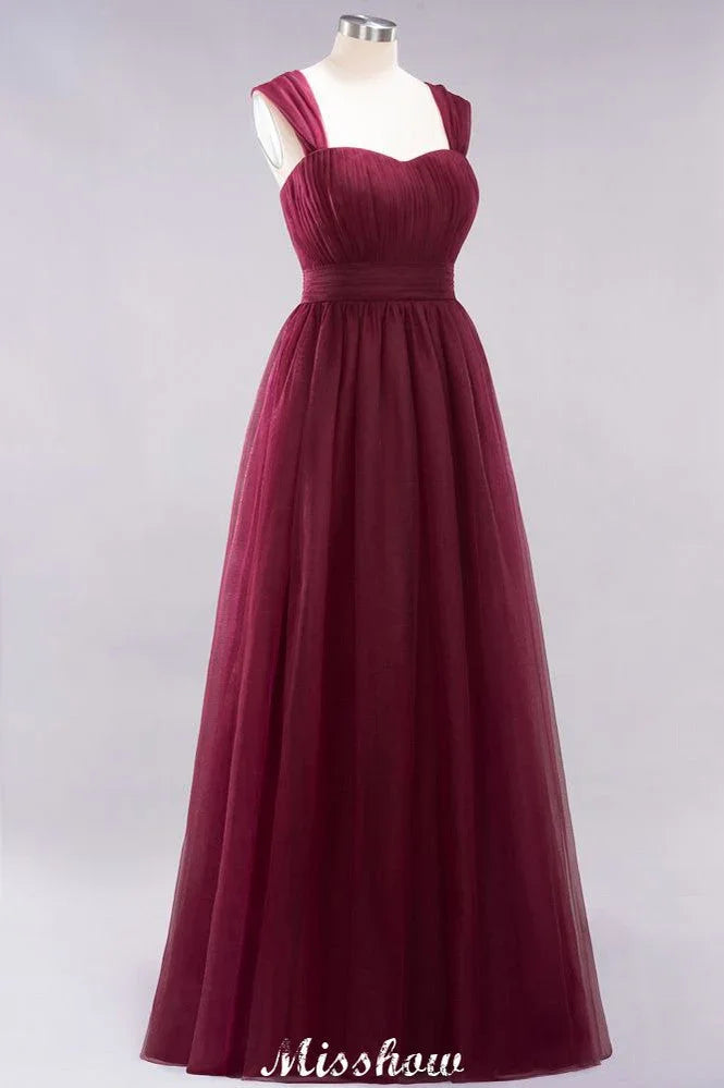 Vestido de noite longo elegante em tule sem mangas com corte em linha A, cor bordô, com alças, vestido para damas de honor