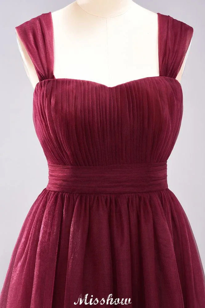 Vestido de noite longo elegante em tule sem mangas com corte em linha A, cor bordô, com alças, vestido para damas de honor