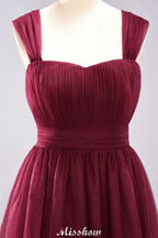 Vestido de noite longo elegante em tule sem mangas com corte em linha A, cor bordô, com alças, vestido para damas de honor