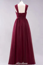 Vestido de noite longo elegante em tule sem mangas com corte em linha A, cor bordô, com alças, vestido para damas de honor