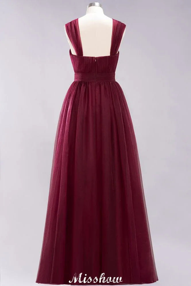 Vestido de noite longo elegante em tule sem mangas com corte em linha A, cor bordô, com alças, vestido para damas de honor
