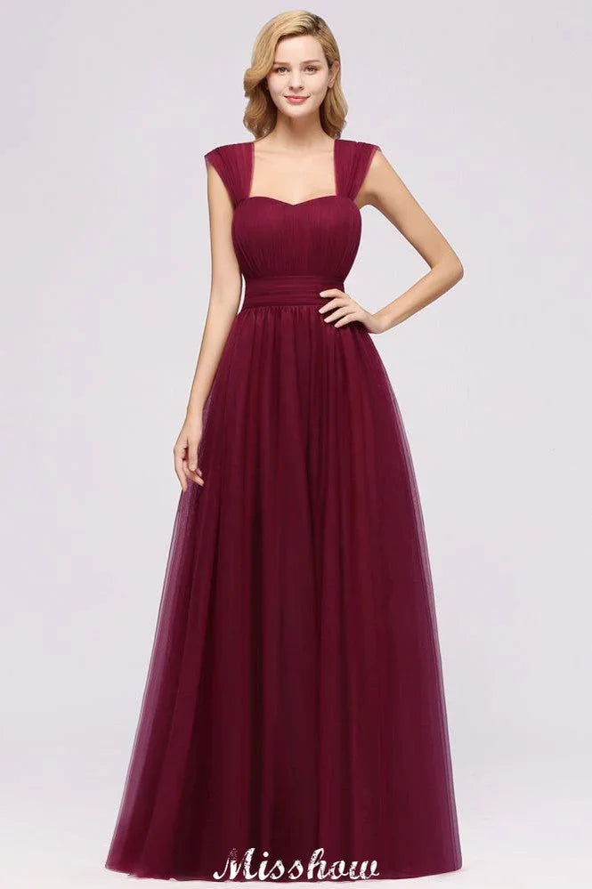 Vestido de noite longo elegante em tule sem mangas com corte em linha A, cor bordô, com alças, vestido para damas de honor