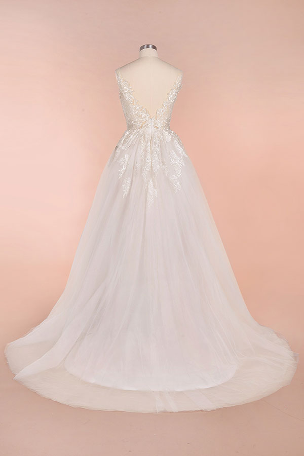 Elegant A-Line V-Neck Sleeveless Tulle Wedding Dress With Appliques On Sale