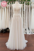 Elegant A-Line V-Neck Sleeveless Tulle Wedding Dress With Appliques On Sale