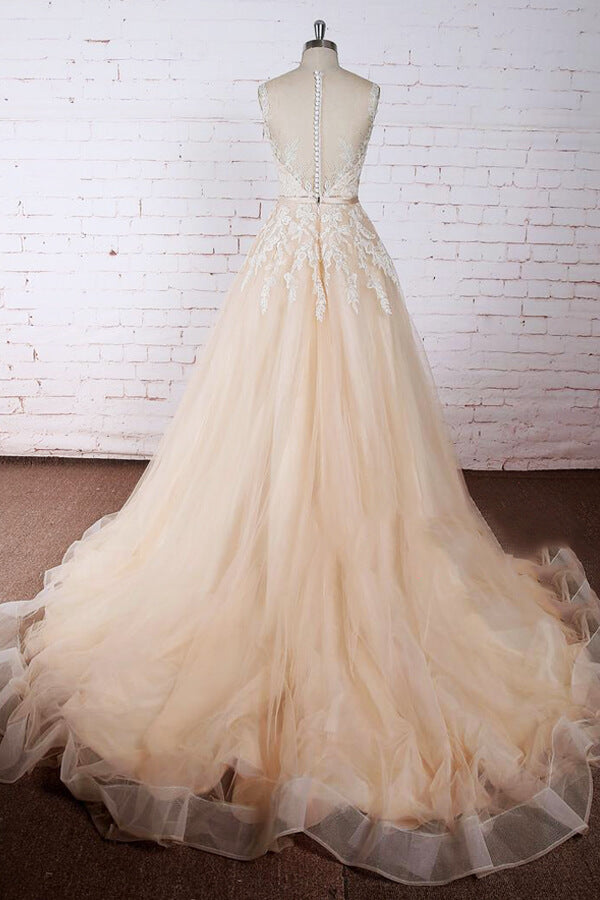 Elegante vestido de novia de tul con apliques en forma de A 
