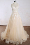 Elegante vestido de novia de tul con apliques en forma de A 