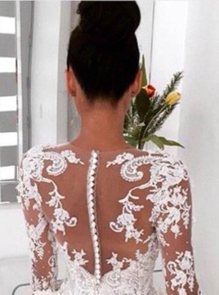 Vestido de Noiva Longo Elegante com Saia de Bola em Renda e Mangas Longas Ilusórias