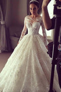 Vestido de Noiva Longo Elegante com Saia de Bola em Renda e Mangas Longas Ilusórias