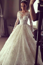 Vestido de Noiva Longo Elegante com Saia de Bola em Renda e Mangas Longas Ilusórias