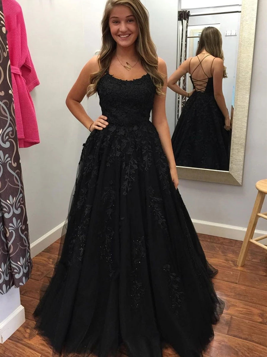Robes de soirée longues élégantes noires en dentelle et tulle, dos nu, coupe trapèze