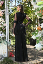 Vestidos de Cetim Pretos Elegantes com Mangas Compridas e Cauda de Sereia