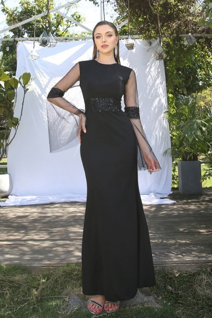 Vestidos de Cetim Pretos Elegantes com Mangas Compridas e Cauda de Sereia
