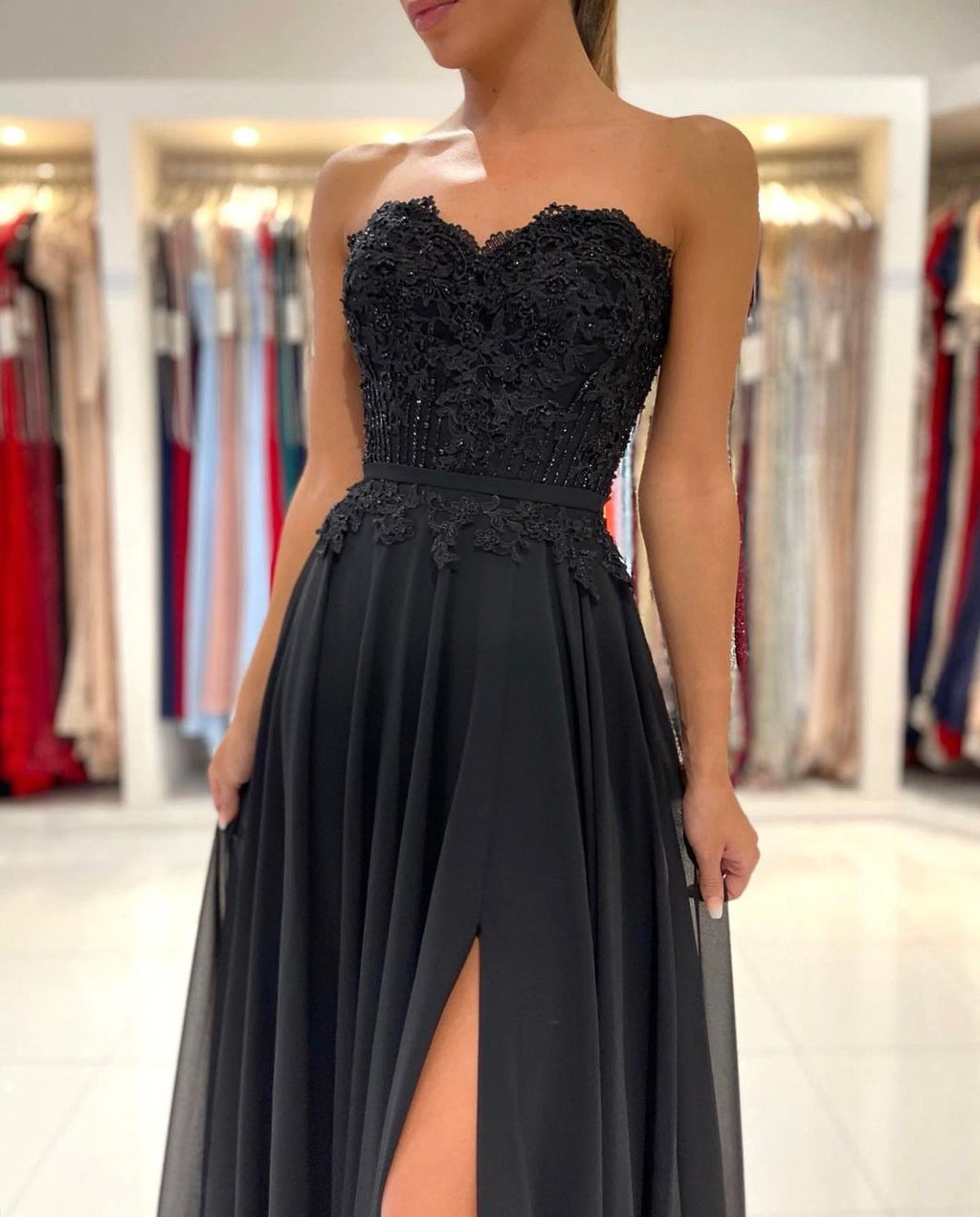 Elegant Black Long A-line Sweetheart Chiffon Prom Dress with Slit