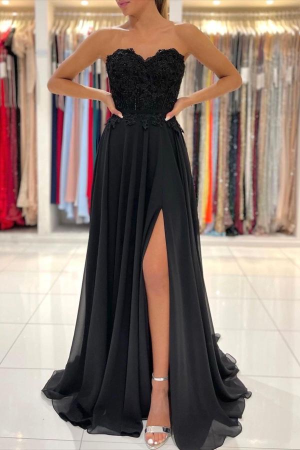 Elegant Black Long A-line Sweetheart Chiffon Prom Dress with Slit