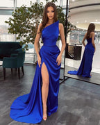 Robe de bal longue noire élégante sirène à une épaule avec fente