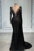 Robe de bal longue noire élégante en tulle et dentelle, coupe sirène, col en V, avec manches