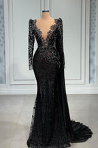 Robe de bal longue noire élégante en tulle et dentelle, coupe sirène, col en V, avec manches