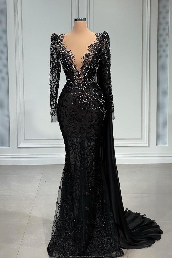 Robe de bal longue noire élégante en tulle et dentelle, coupe sirène, col en V, avec manches