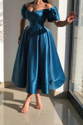 Robes de bal élégantes bleues en satin, longues jusqu'aux chevilles, à ligne en A et épaules dénudées