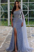 Robe de bal élégante bleue à une épaule avec perles, manches longues et fente