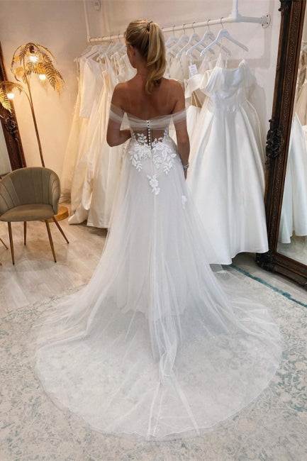 Elegant Boho Long White A-line Lace Sleeveless Tulle Wedding Dresses