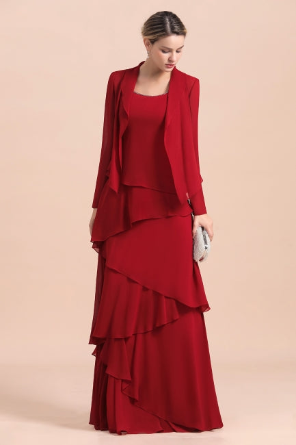 Vestido Elegante de Mãe da Noiva em Chiffon Borgonha com Folhos e Casaco