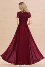 Elegantes Kleid aus Chiffon mit Spitzenbesatz, kurzen Ärmeln, bodenlangem A-Linien-Schnitt für Brautjungfern