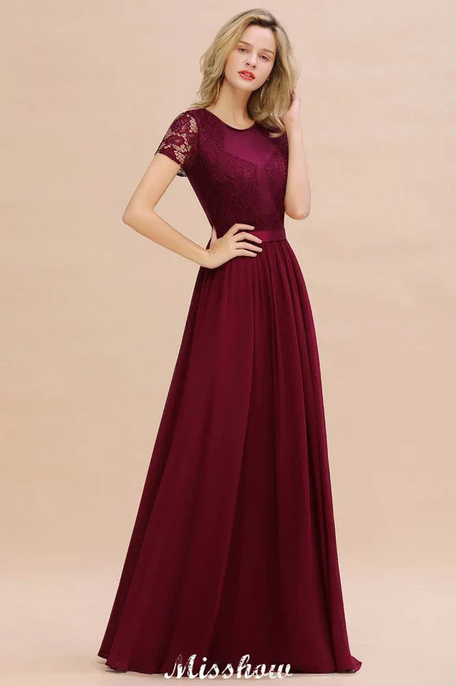 Elegantes Kleid aus Chiffon mit Spitzenbesatz, kurzen Ärmeln, bodenlangem A-Linien-Schnitt für Brautjungfern