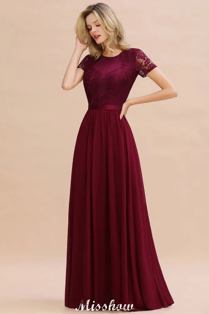 Elegantes Kleid aus Chiffon mit Spitzenbesatz, kurzen Ärmeln, bodenlangem A-Linien-Schnitt für Brautjungfern