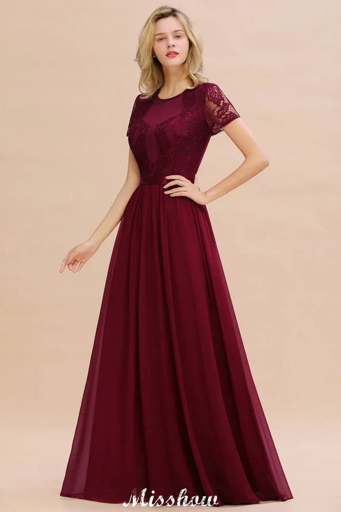 Elegantes Kleid aus Chiffon mit Spitzenbesatz, kurzen Ärmeln, bodenlangem A-Linien-Schnitt für Brautjungfern
