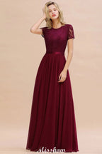 Elegantes Kleid aus Chiffon mit Spitzenbesatz, kurzen Ärmeln, bodenlangem A-Linien-Schnitt für Brautjungfern