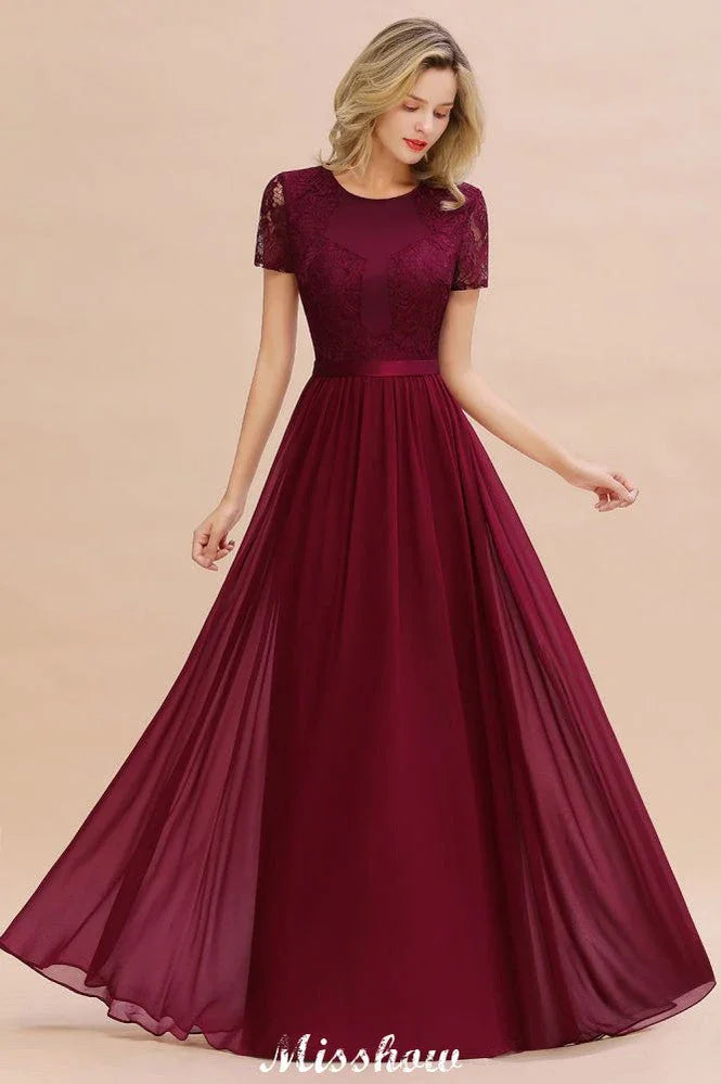 Elegantes Kleid aus Chiffon mit Spitzenbesatz, kurzen Ärmeln, bodenlangem A-Linien-Schnitt für Brautjungfern